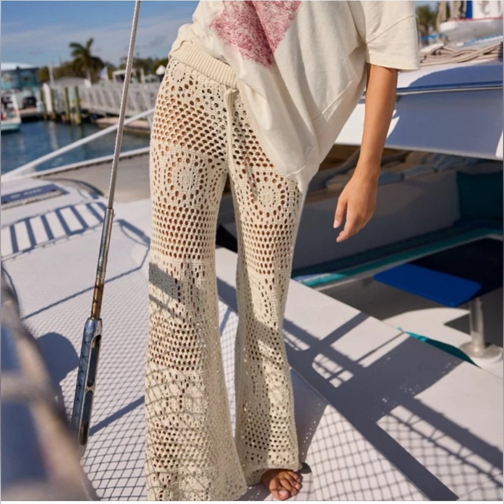 aerie Cream Crochet Wide Leg Pants
